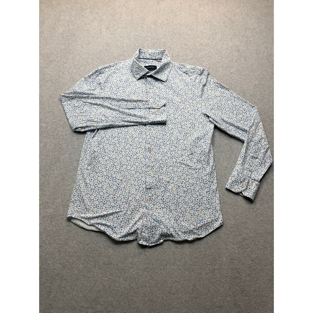 Bugatchi Mens 8 Way Stretch Floral Print Long Sleeve Button Down Shirt Blue L